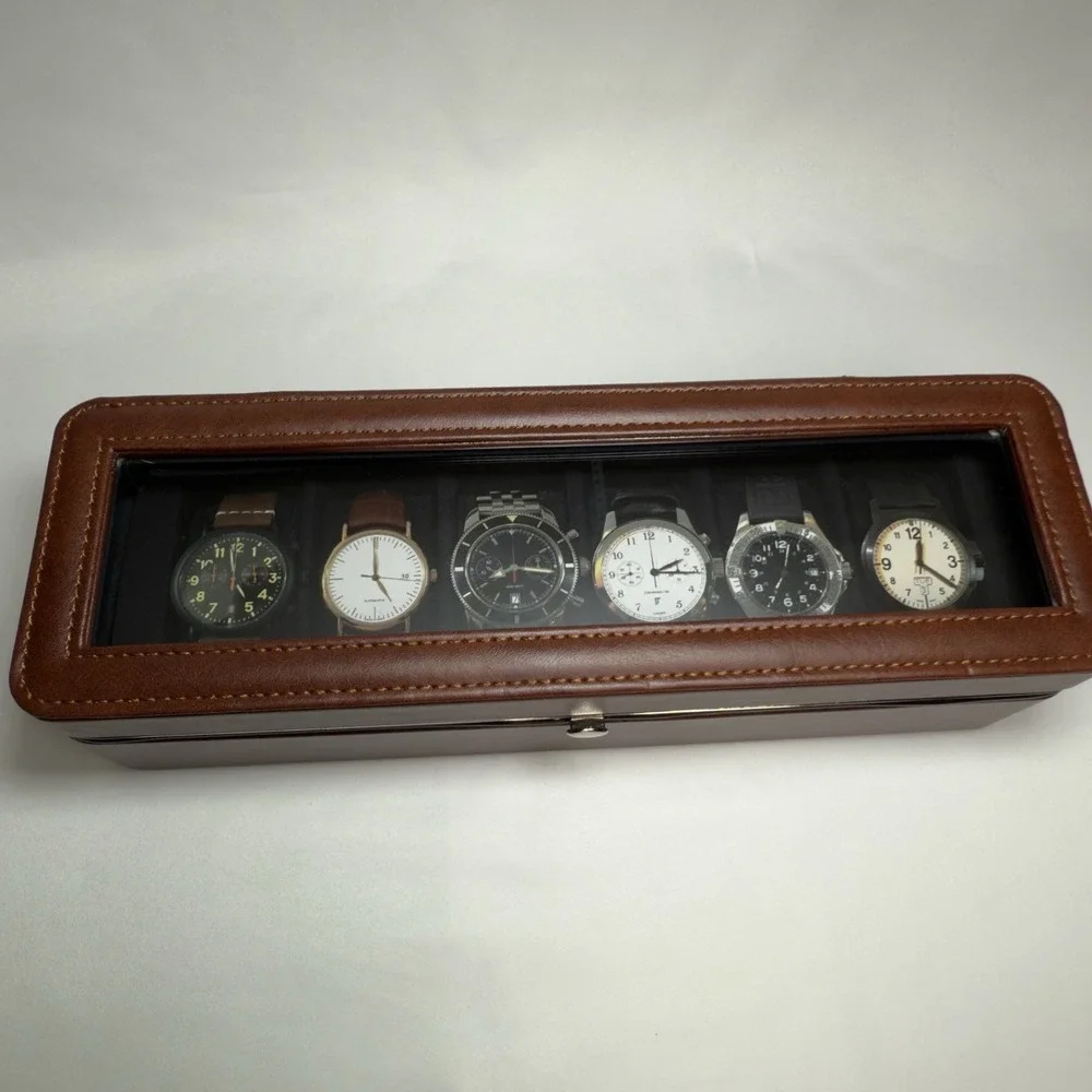 Woodbury 6 Pcs Brown Leather Watch Case Built In Polished Nickel Frame - Father
